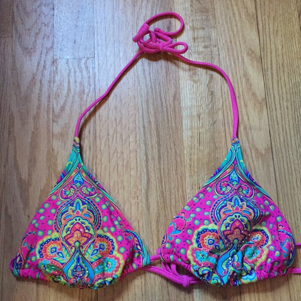 Pink Patterned Beaded Triangle Swim Top